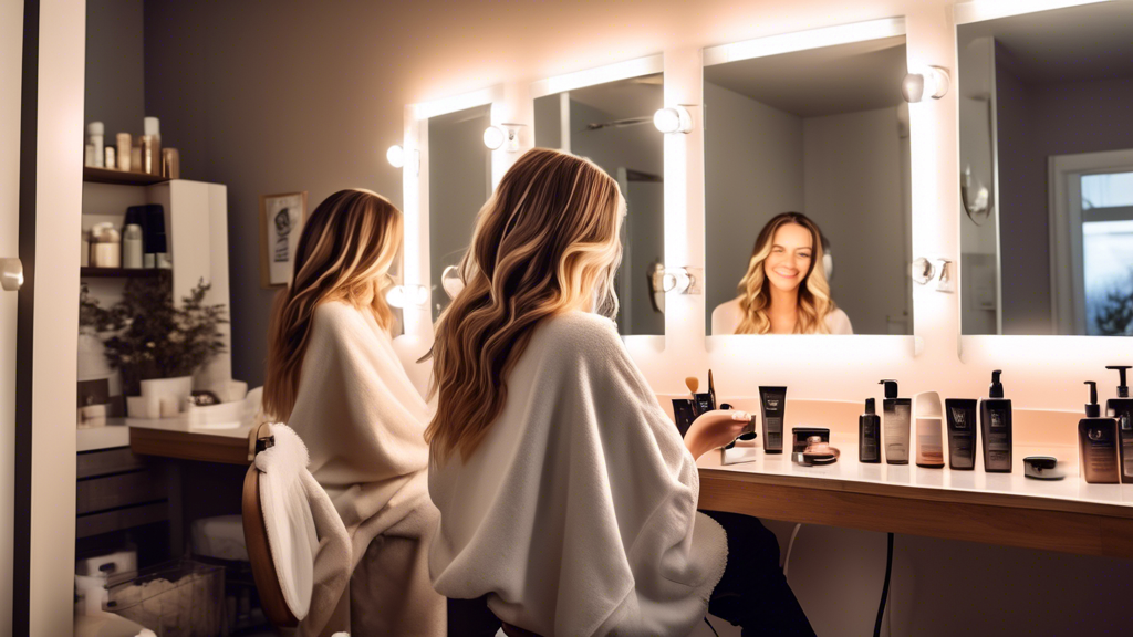 Create an image of a cozy home bathroom set up like a mini beauty salon. A person is sitting on a stool in front of a well-lit mirror, applying balayage highlights to their own hair using brushes and 