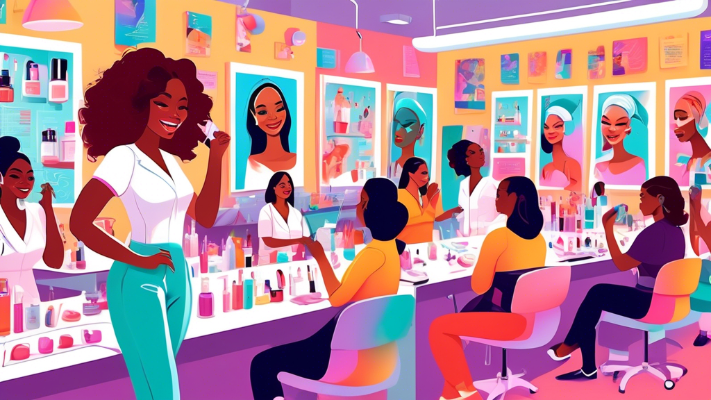 A vibrant classroom setting where diverse students engage in hands-on learning about non-medical beauty treatments, surrounded by posters of skincare routines, makeup techniques, and aesthetic tools, 