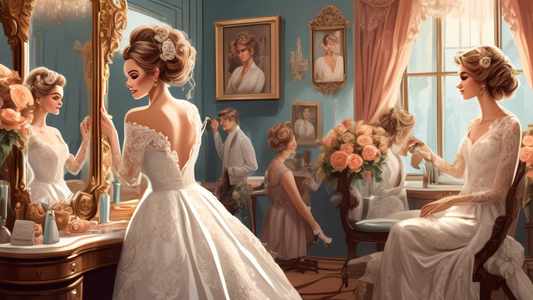 Create a highly detailed illustration of a bride with beautifully styled hair, sitting in an elegant salon. She is looking at herself in a large ornate mirror while her hairdresser, a friendly profess