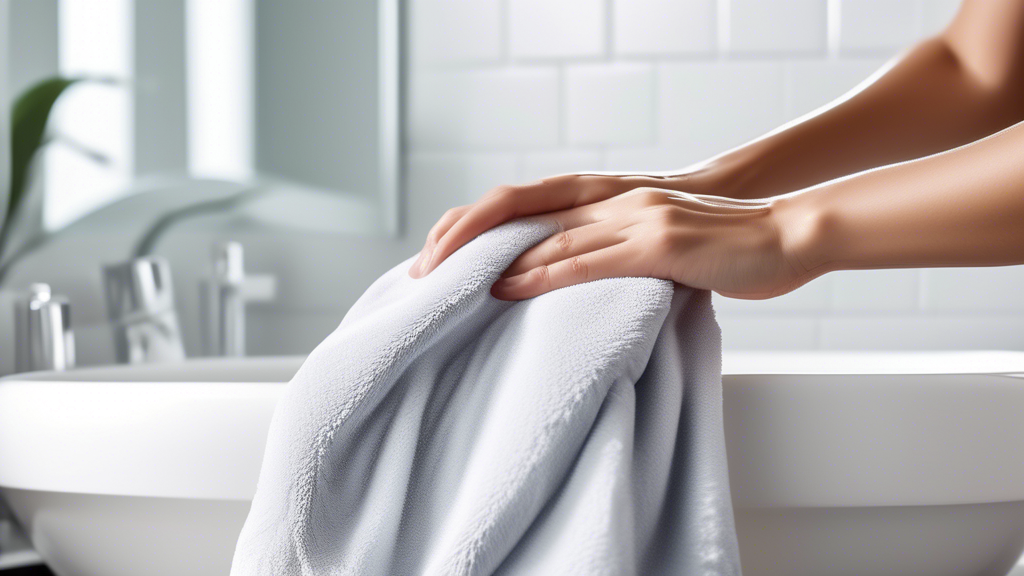 A close-up image of a luxurious, soft microfiber towel gently drying a person’s hair. The hair looks shiny and perfectly styled, with no frizz in sight. The setting is a modern, elegant bathroom with 