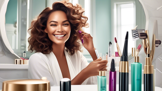 A woman smiles confidently in a brightly lit bathroom, holding a sleek L'Oreal Magic Root Precision pen. Her hair shows perfectly blended roots, demonstrating the ease and precision of the touch-up. T