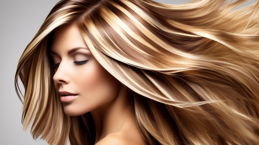 Create a vibrant and stylish close-up image of a woman in a modern salon, showcasing her luxurious hair with stunning blonde-brown foil highlights. The image should capture the intricate pattern of hi