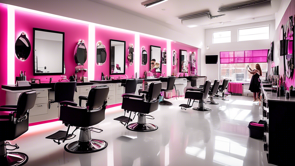 An inviting interior shot of a modern salon academy, featuring students practicing haircuts, styling, and makeup techniques on clients. Visible price charts outline costs for various services while in