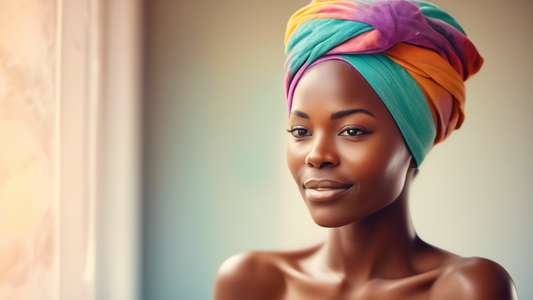 Create an image showcasing a person with vibrant, healthy hair wrapped in a soft, colorful cotton head wrap. The setting should be a cozy, spa-like bathroom with gentle natural lighting highlighting t