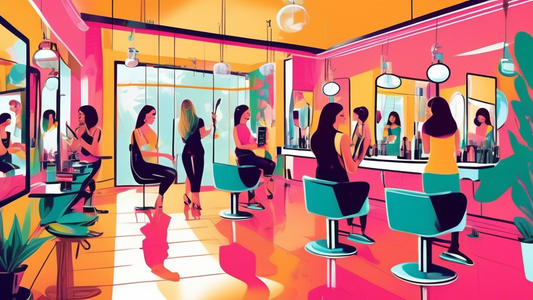 A vibrant, modern salon with a friendly, diverse group of hair stylists engaging with satisfied clients, surrounded by beautifully framed mirrors and trendy decor. Highlight a map on the wall pinpoint