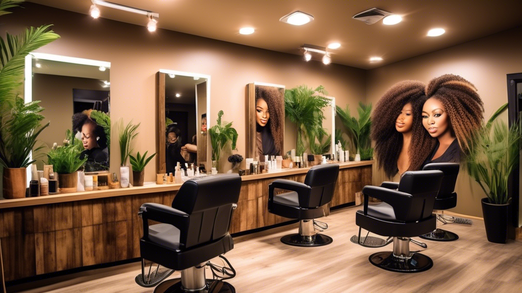 Create an image of a modern, vibrant beauty salon specializing in natural hair care. The salon should be filled with subtle earth tones and greenery to convey a natural and welcoming atmosphere. Sever