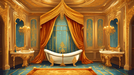 Illustrate a luxurious scene in a royal palace bathroom, with an ornate golden towel intricately embroidered with regal designs hanging prominently. The setting should include elegant fixtures, soft l