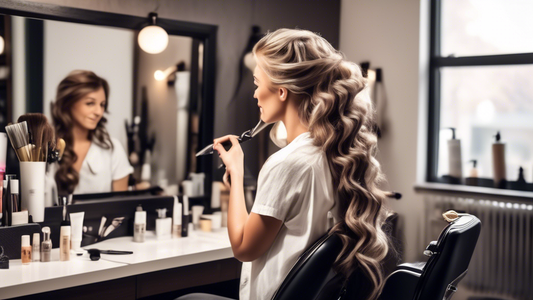 Create an image that shows a freelance hair stylist working in a modern, well-lit home environment. The stylist should be engaged in transforming a client's hairstyle, surrounded by professional haird