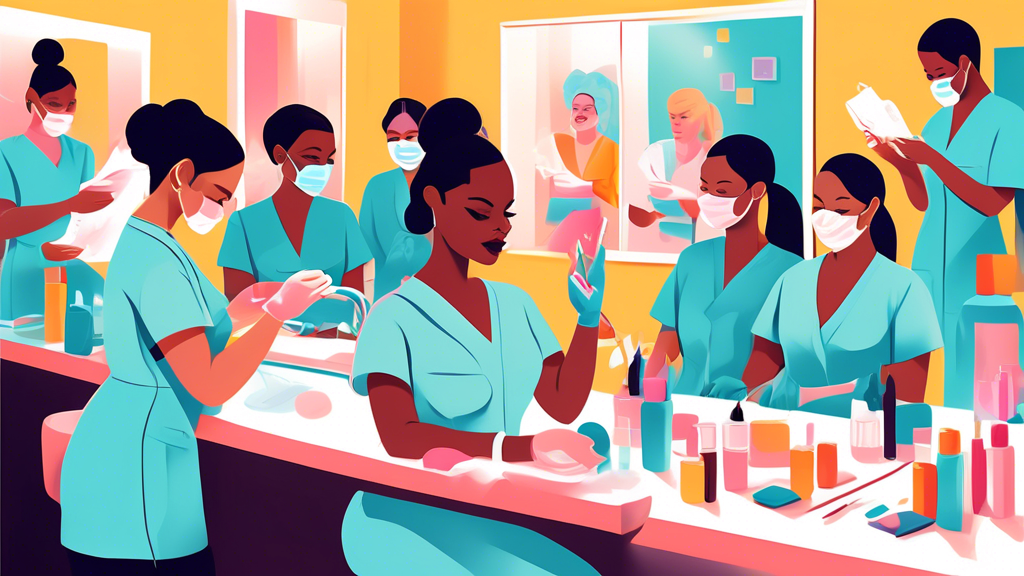 A detailed illustration showing the steps to becoming a licensed esthetician: a person practicing skincare techniques, attending a classroom setting for theoretical education, undergoing hands-on trai