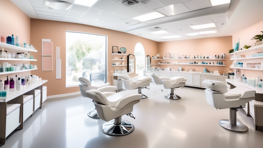 Create a visually appealing image of a modern esthetician school classroom filled with sleek equipment and bright natural light. The room has students practicing skincare techniques on mannequins, whi