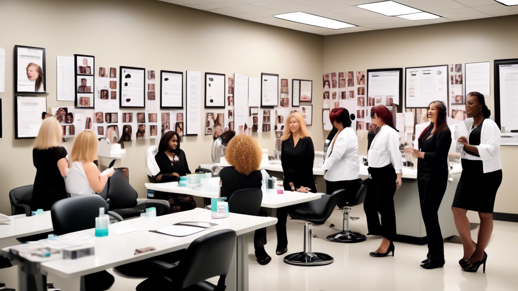 Create an image featuring a modern, professional office environment labeled State Board of Cosmetology. The scene shows a diverse group of cosmetologists and board members engaged in a meeting. The bo