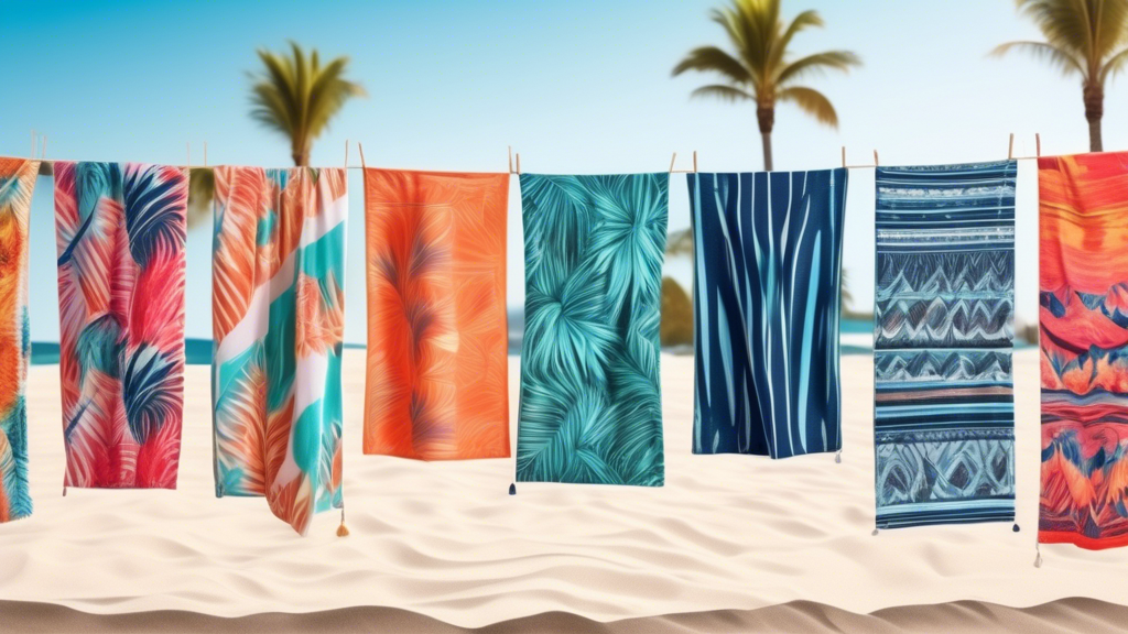 A vibrant beach scene showcasing a variety of stylish, thin beach towels in different colors and patterns laid out on the sand, with the ocean in the background. Some towels are being used by sunbathe