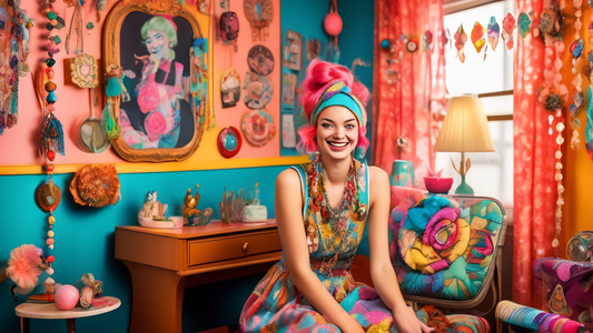 A vibrant scene showcasing a fashionable young person with colorful, kitsch hair wraps decorated with whimsical charms and beads. The backdrop is a retro-inspired, stylish room with eclectic decor inc