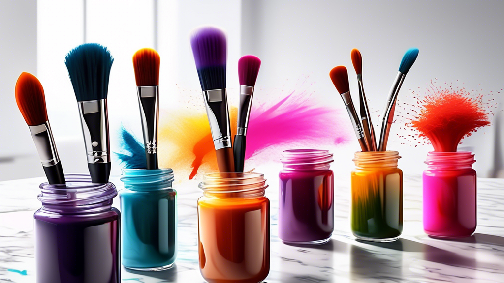 Create an image of a variety of dye brushes on a sleek, modern countertop. Highlight different shapes, sizes, and bristle types. Include some vibrant color swatches and an open jar of dye to show thei