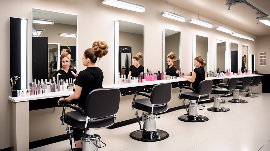 Create an image of a modern, professional hair styling school. The scene features a spacious, well-lit classroom with state-of-the-art styling stations, each equipped with large mirrors and high-quali