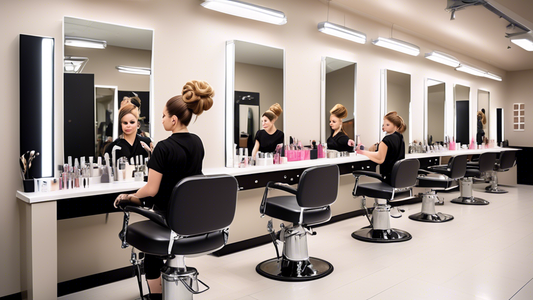 Create an image of a modern, professional hair styling school. The scene features a spacious, well-lit classroom with state-of-the-art styling stations, each equipped with large mirrors and high-quali