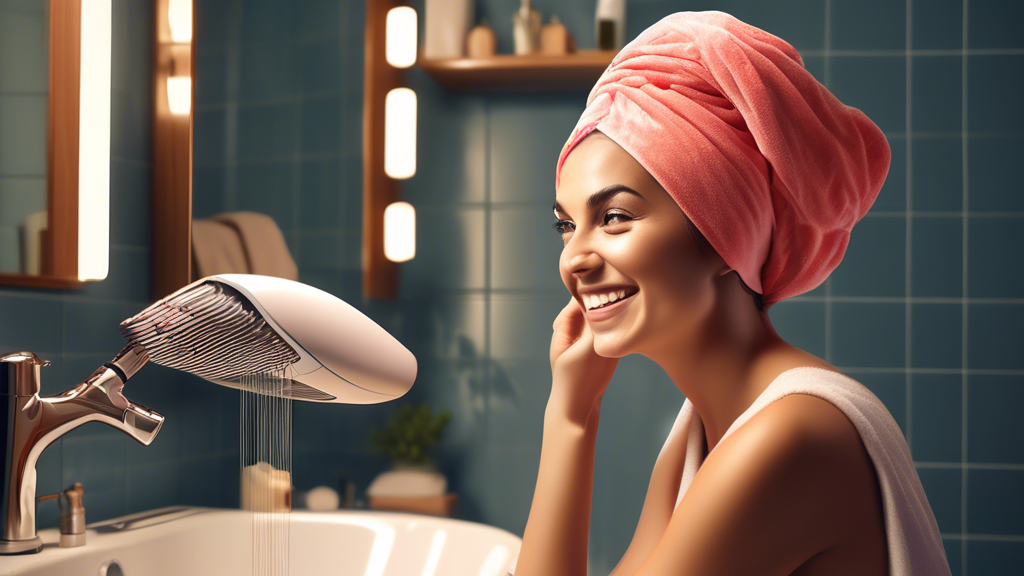 Sure! Here's a prompt for the DALL-E image generator:

Create a vibrant and detailed image of a woman happily using a hair drying turban. Show her in a cozy, stylish bathroom with soft lighting. Besid