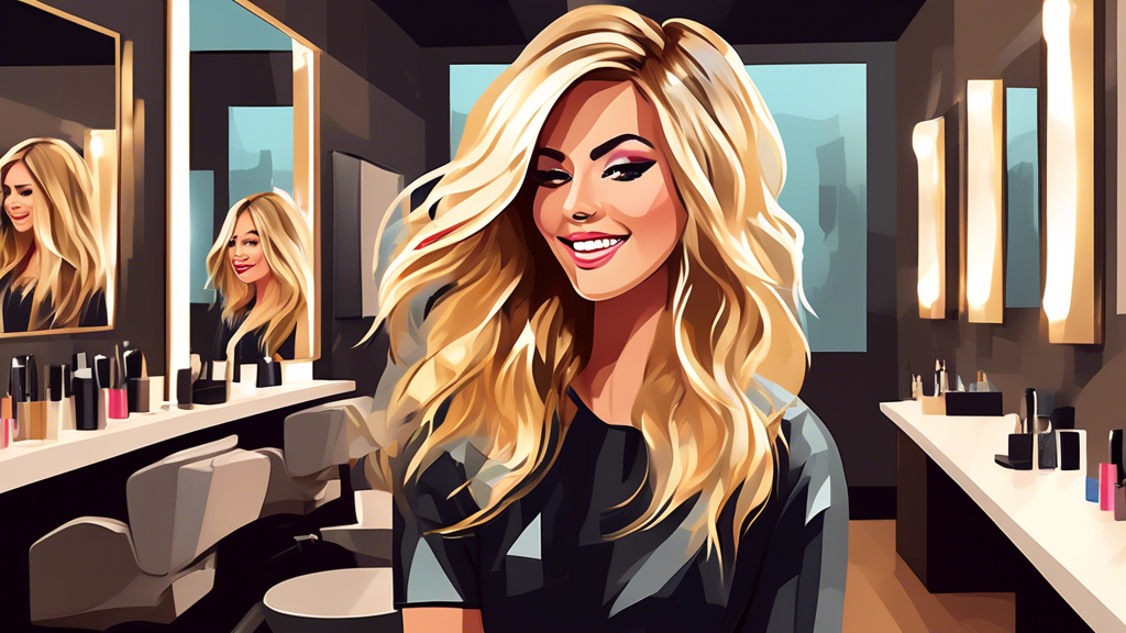 Create an image of a woman with dark brown hair getting blonde foils at a trendy hair salon. The stylist is applying the foils with precision, using professional tools. The salon has a chic, modern in