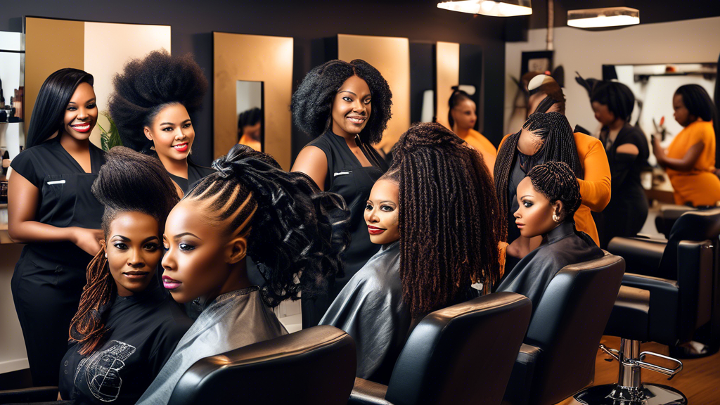 Create an image of a vibrant and stylish beauty salon with diverse Black hairstylists attending to clients with different hair textures and styles, such as braids, locs, afros, and sleek straightened 