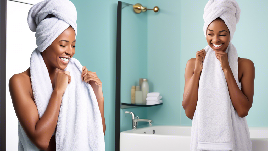 Create a detailed image showcasing a person using a microfiber hair towel. The scene should depict a person with wet hair, smiling and relaxed as they wrap their hair in a soft, colorful microfiber to