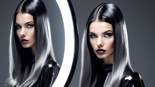 Create an ultra-modern fashion image of a young model with sleek black hair accentuated by trendy grey foils. The setting is a chic, high-end salon with stylish décor, contemporary lighting, and a mir