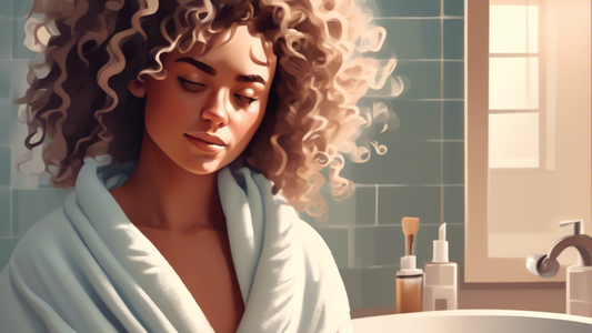 Create an illustration of a person with curly hair using the 'plopping' technique. They are wrapping their wet hair in a soft towel, with a gentle and relaxed expression. The scene is set in a cozy, s