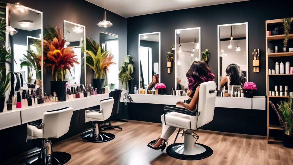 Create an image of a modern, chic hair salon where a professional hairstylist is actively advising a client in front of a large mirror. The stylist, holding a pair of scissors and a comb, exudes exper