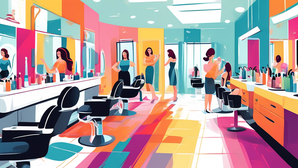 Illustrate a modern salon scene where stylists are efficiently using disposable towels. Highlight benefits such as enhanced hygiene, reduced laundry piles, and eco-friendly options. Include happy clie