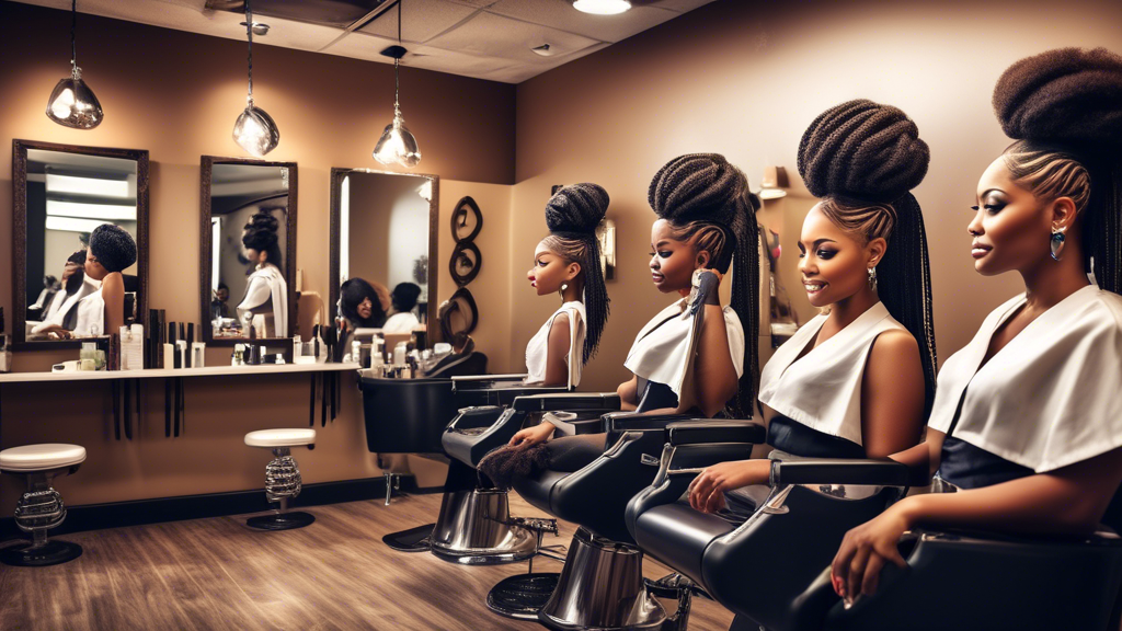 Create an image showcasing a bustling and stylish African American hair salon. The scene should feature skilled hairstylists working with happy customers on various hair treatments such as braiding, n