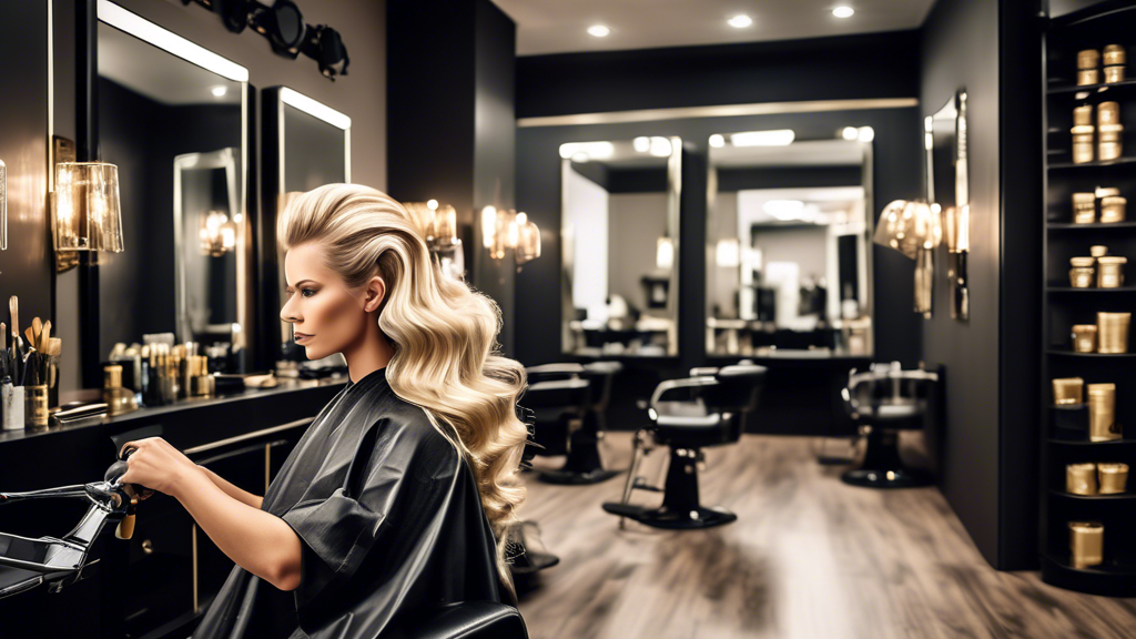 A high-end salon setting where a professional hairstylist meticulously applies foils to a client's hair for the perfect blond highlights, with a focus on precision and technique. The image should capt