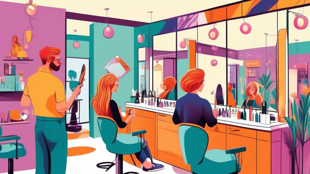 A detailed, colorful illustration of a new hairdresser shop opening, featuring a friendly hairstylist cutting a client's hair, a 'Grand Opening' banner, stylish interior decor with mirrors and salon c