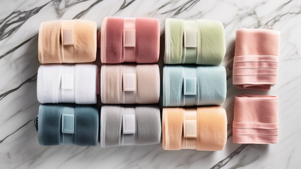 A beautifully arranged flat lay of various high-quality hair drying towel wraps in different colors and materials, displayed on a marble countertop. Each towel wrap is rolled or styled to showcase its