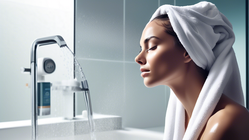 A sleek, modern bathroom setting where a person effortlessly dries their hair using a high-tech, ultra-absorbent towel labeled '3-Minute Towel'. The scene captures the towel quickly drying a head of w