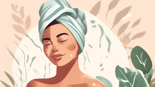 Create an image showcasing a woman with wet hair wrapped in a soft, patterned microfibre head towel. The background should be a cozy, spa-like bathroom with soft lighting and plants. Highlight the ben