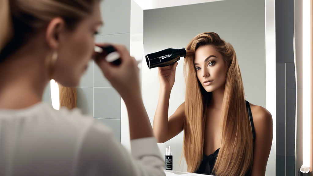 Create a high-resolution image of a person with vibrant and healthy-looking hair, confidently using Toppik Root Touch Up Spray. The scene should depict a well-lit bathroom with a mirror and stylish de