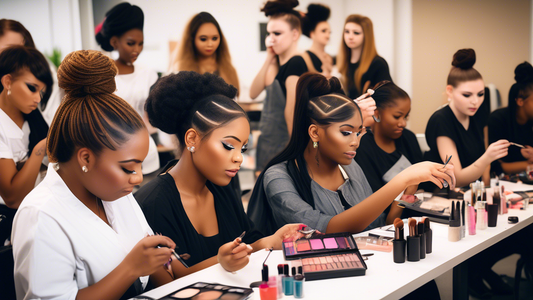 Create a vibrant and inspiring scene of a diverse group of individuals in a modern classroom setting, engaged in various beauty courses. Some are learning makeup application techniques, others are sty