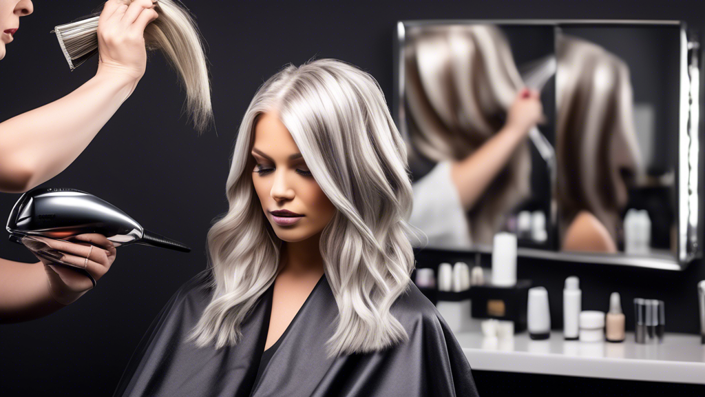 Create an image of a professional hair salon with a client getting their grey hair foiled with top trending colors. Display a range of foil colors like platinum blonde, silver, and ash brown being app