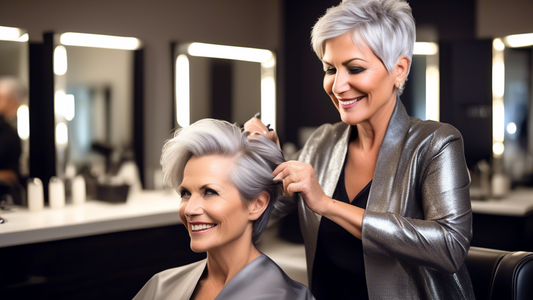 Create an image of a mature woman with stylish grey hair, sitting in a modern, chic salon. She’s looking confident and happy as a professional hairdresser applies foils to her hair. The salon should h