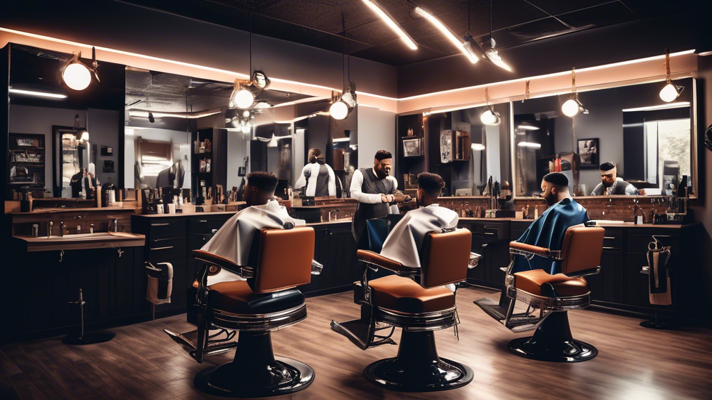 Create an image that depicts a stylish, modern barbershop in an urban setting. The scene includes diverse, fashionable male clients getting their hair styled by professional barbers. Convey a sense of