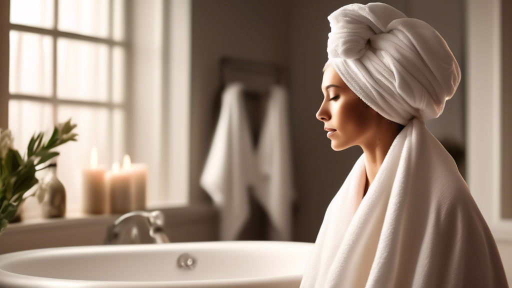 Create a high-quality, visually appealing image depicting a luxurious bathroom setting where a woman with glowing, healthy hair is wrapping a silk hair towel around her head. The scene should emphasiz