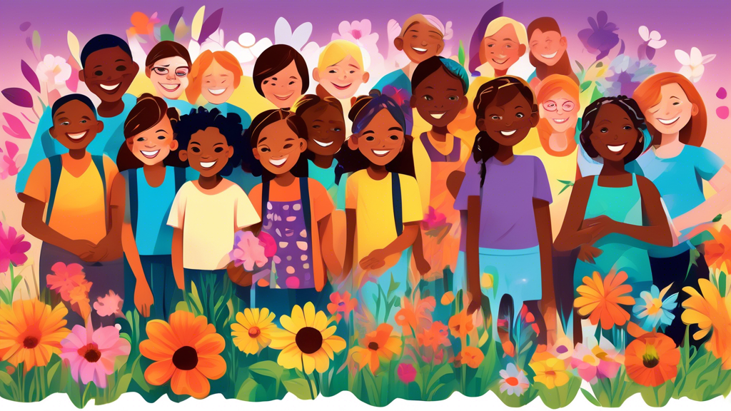 Create an image of a diverse group of students and teachers in a vibrant school setting, planting flowers, painting murals, and working together on beautification projects. The image should convey a s