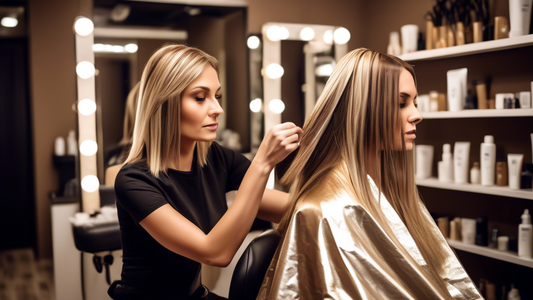 Create an image of a woman with medium-length brown hair sitting in a stylish salon. Her hair is being transformed with stunning blonde foil highlights, applied by a professional hairstylist. The salo