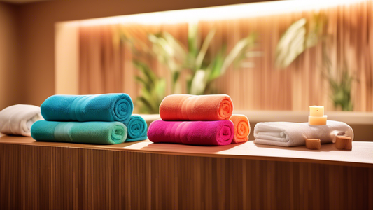 Create an image showcasing a variety of colorful elastic towel wraps being used in different scenarios. Display people using the wraps at a spa, poolside, after a workout, and at home. Include both ad