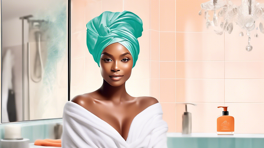 Create an image of a woman with vibrant, healthy hair wrapped in a stylish and soft Aquis Lisse Hair Turban. The background should be bright and inviting, showing a luxurious bathroom setting with hai