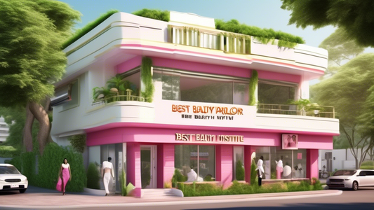 Create an image of a stylish beauty parlour institute with a welcoming exterior, featuring a sign that reads 'Best Beauty Parlour Institute'. The building should have a modern yet elegant design, surr