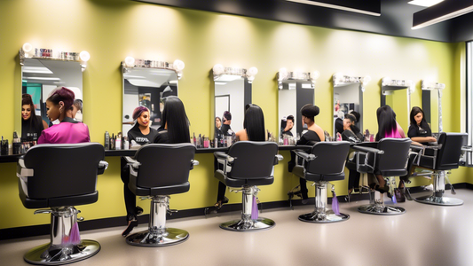 Create an image that showcases the top cosmetology schools in a vibrant urban setting. Feature diverse students practicing hairstyling, makeup application, and nail art in well-equipped, modern classr