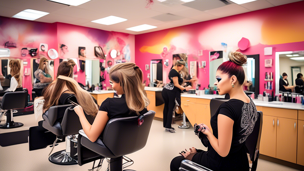 Create an image of a vibrant and modern cosmetology classroom filled with engaged students practicing various beauty techniques such as hairstyling, makeup application, and nail art. Include a diverse