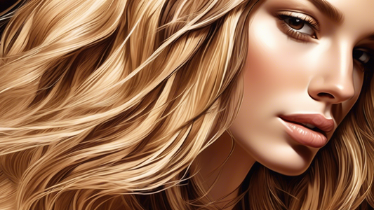 Create a detailed close-up image of a woman's hair showcasing beautiful blonde highlights seamlessly blended into natural brown hair. The hairstyle should be wavy, glossy, and well-maintained, emphasi