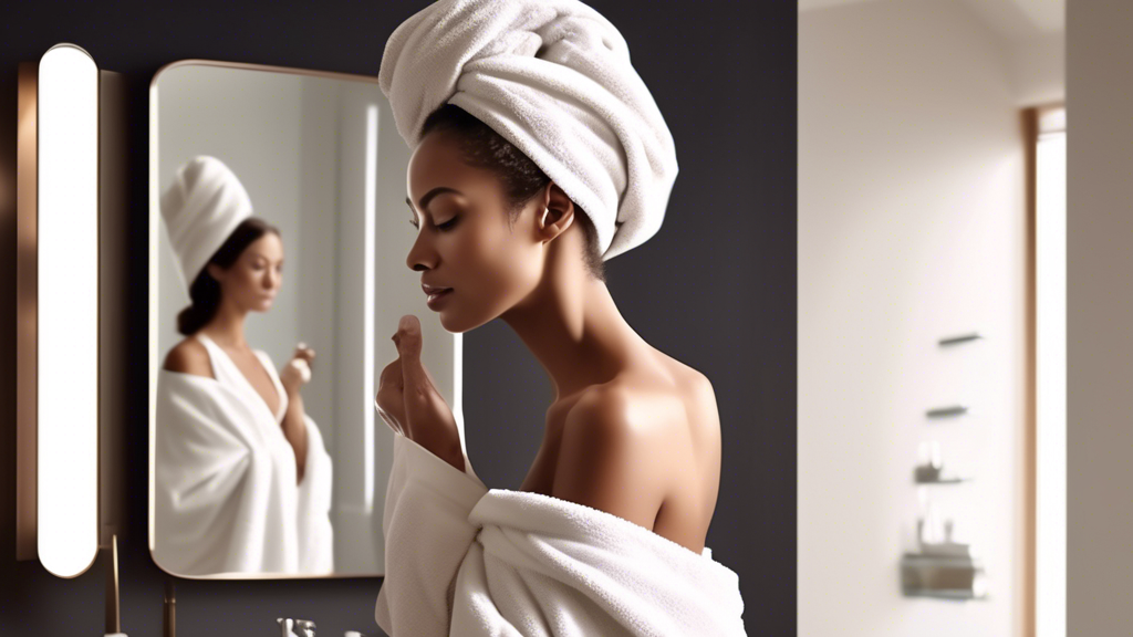 Create a high-quality, modern illustration of a woman in front of a mirror in a chic, minimalist bathroom, wrapping her hair in an elegant, absorbent hair-drying towel wrap. The scene should evoke a s