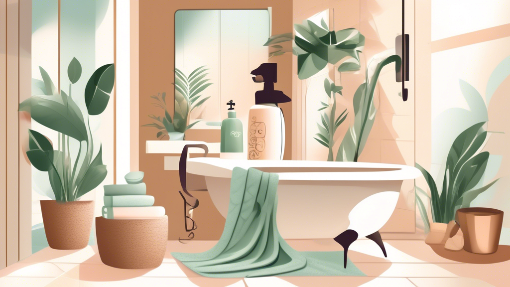 Create an image of a serene bathroom setting with a luxurious towel specifically designed for curly hair hanging beside a stylishly arranged vanity. The scene should showcase a person with defined, he